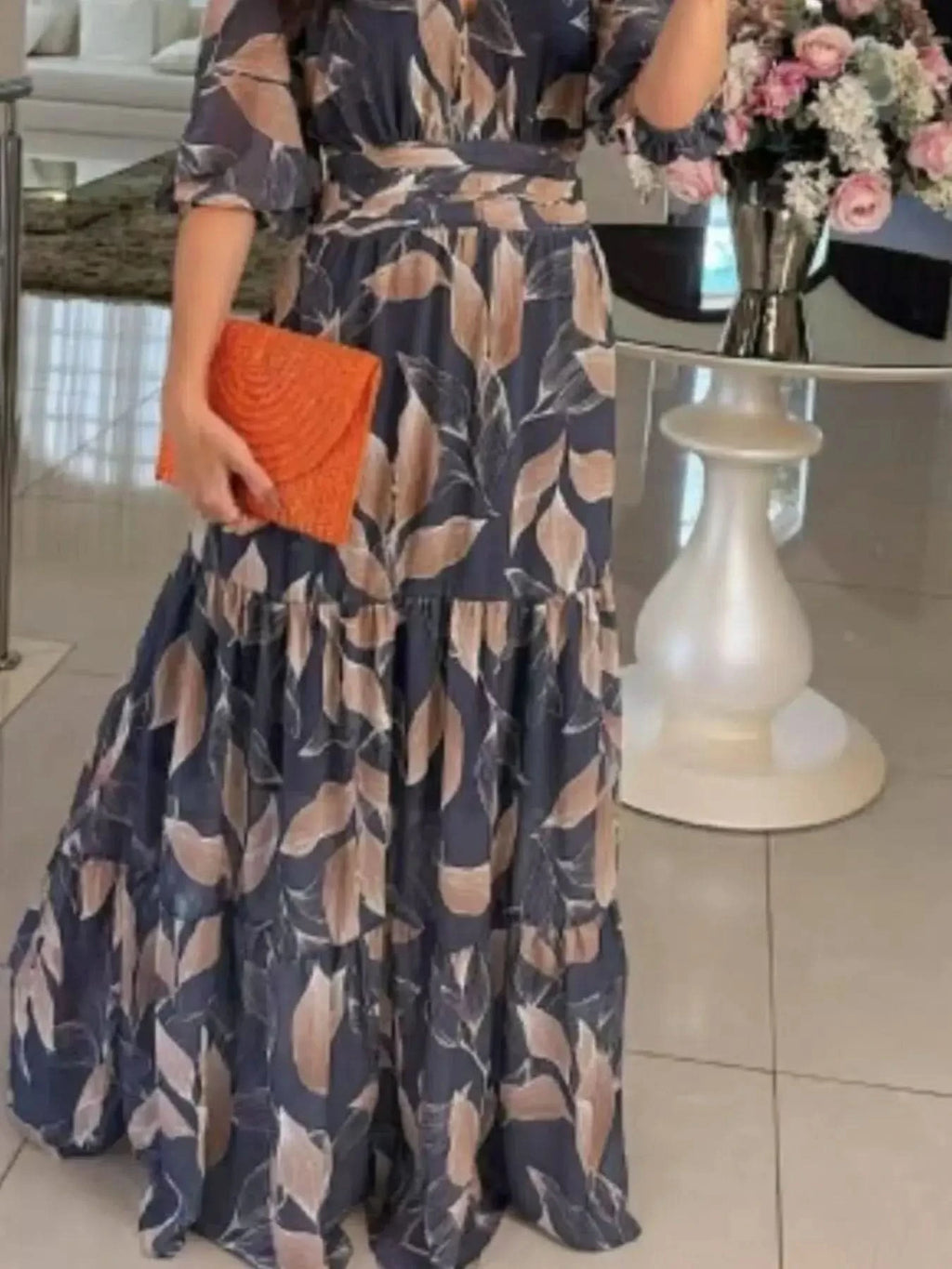 Full Size Printed V-Neck Maxi Dress with Tiered Hemline Plus Size - SwagglyLife Home & Fashion