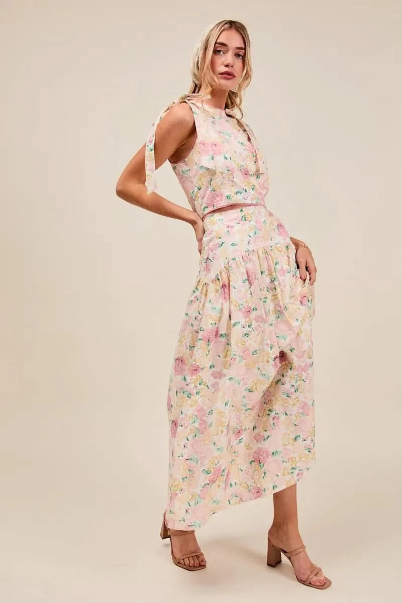 SO ME Floral Printed Woven Shoulder Bow Tie Top and Skirt Set in - photo