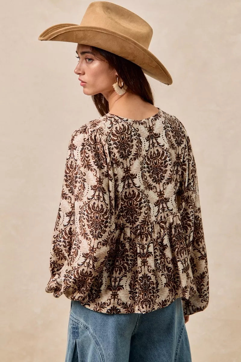 BiBi Printed Woven Front Tied Blouse with Baloon Sleeve in - photo