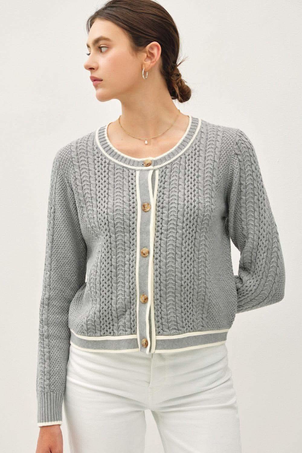 Be Cool Cable Knit Long Sleeve Contrast Edge Cardigan in Gray - cardigans photo