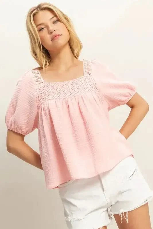 HYFVE Crochet Detail Puff Sleeve Peasant Top - SwagglyLife Home & Fashion