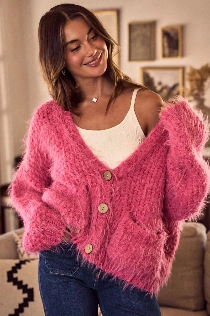 SO ME Soft Touch Hairy Loose Fit Cozy Sweater Cardigan in - photo