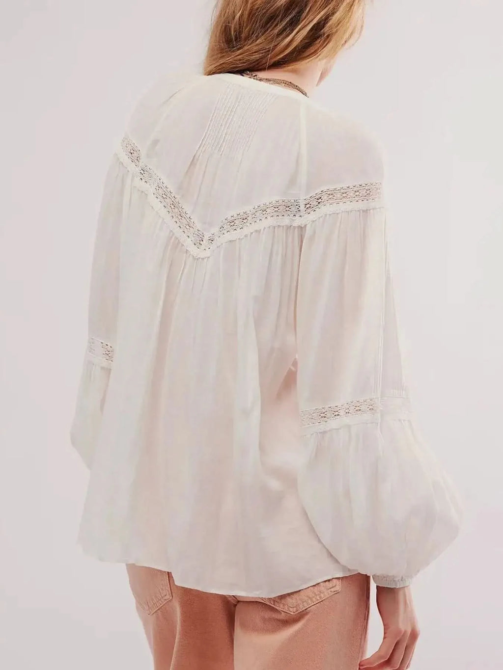 Lace Trim Balloon Sleeve Blouse - SwagglyLife Home & Fashion