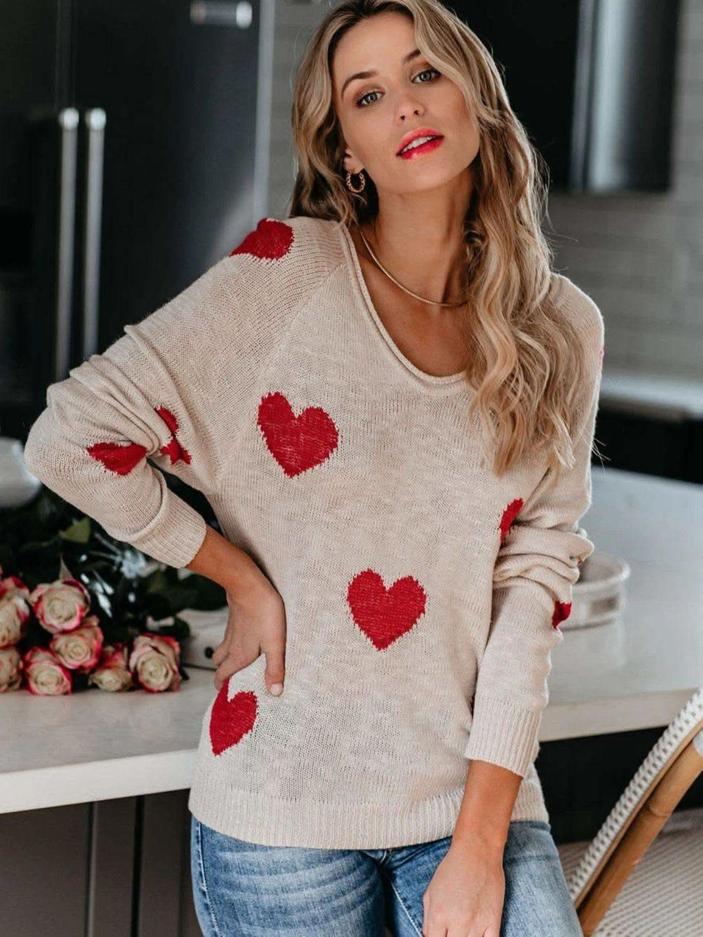Heart Scoop Neck Long Sleeve Sweater in Eggshell - photo