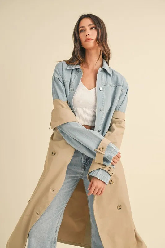 MABLE Layered Look Trench Coat With Denim Jacket in - photo