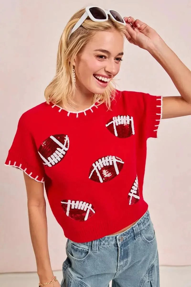 BiBi Gameday Sequin Football Embroidered Stitch Sweater in - photo