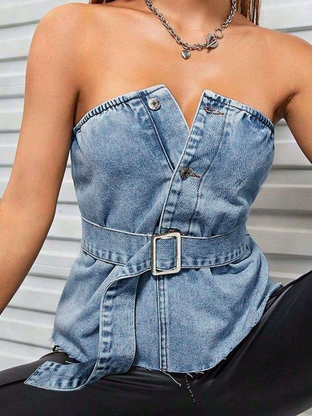 Frayed Hem Button Detail Tube Top - SwagglyLife Home & Fashion
