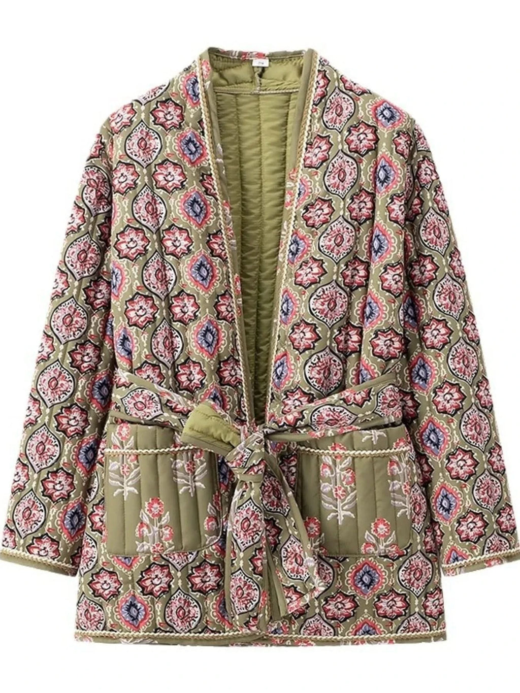 Belted Open Front Floral Winter Coat in - photo