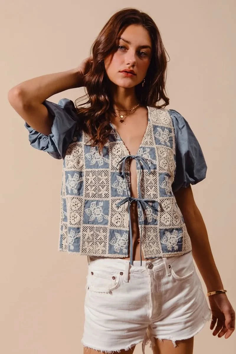 SO ME Crochet Lace Tie Front V Neck Blouse Top - SwagglyLife Home & Fashion