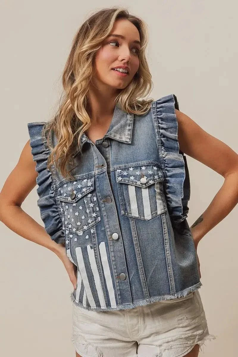 BiBi American Flag Washed Denim Jacket - SwagglyLife Home & Fashion BiBi American Flag Washed Denim Jacket - SwagglyLife Home & Fashion