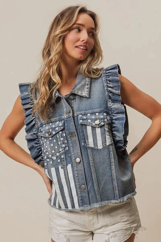 BiBi American Flag Washed Denim Jacket - SwagglyLife Home & Fashion BiBi American Flag Washed Denim Jacket - SwagglyLife Home & Fashion