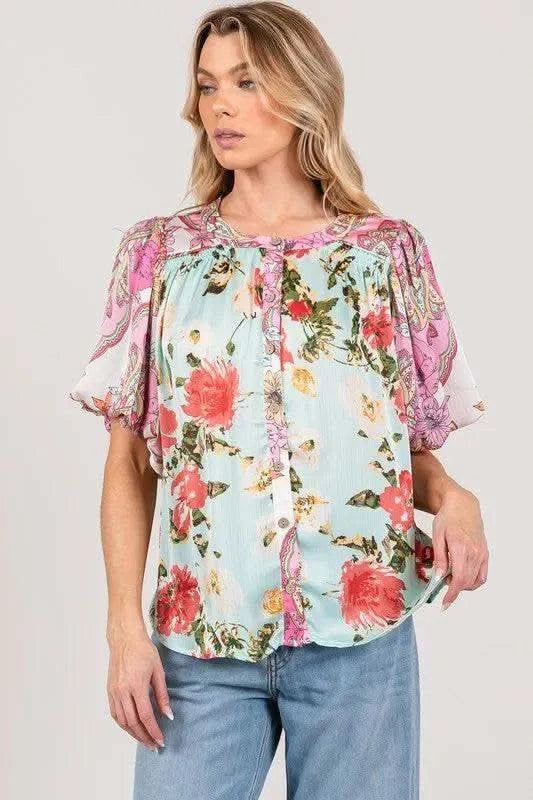 SAGE+FIG Plus Size Floral Mineral Wash French Terry Button Up Shirt in - photo