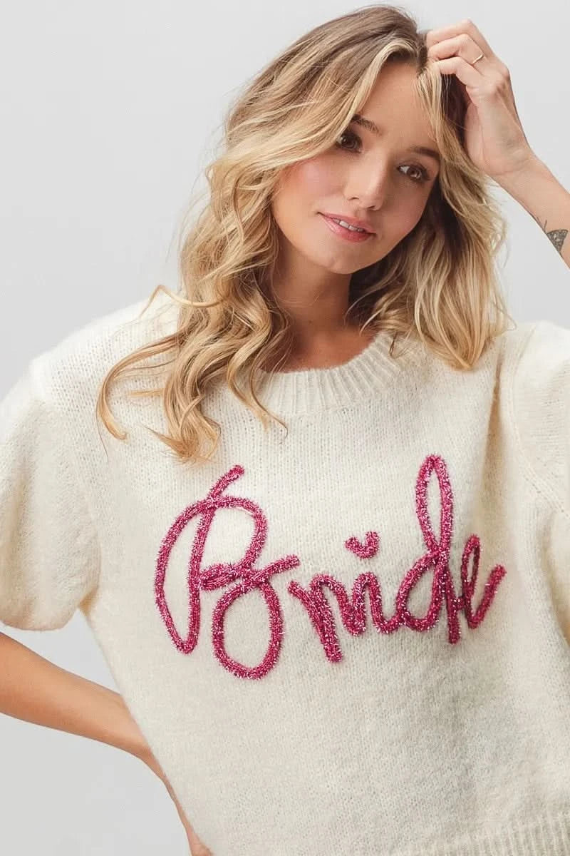 BiBi Metallic Letter Short Puff Sleeve Hairy Sweater in - photo