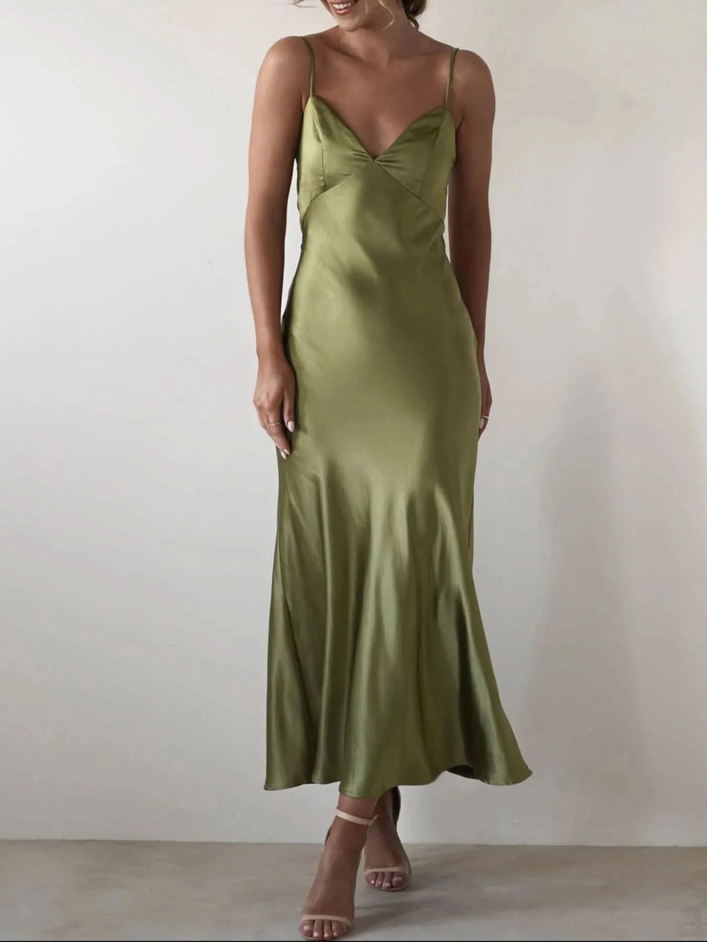 Satin Backless Cami Dress in Olive - photo
