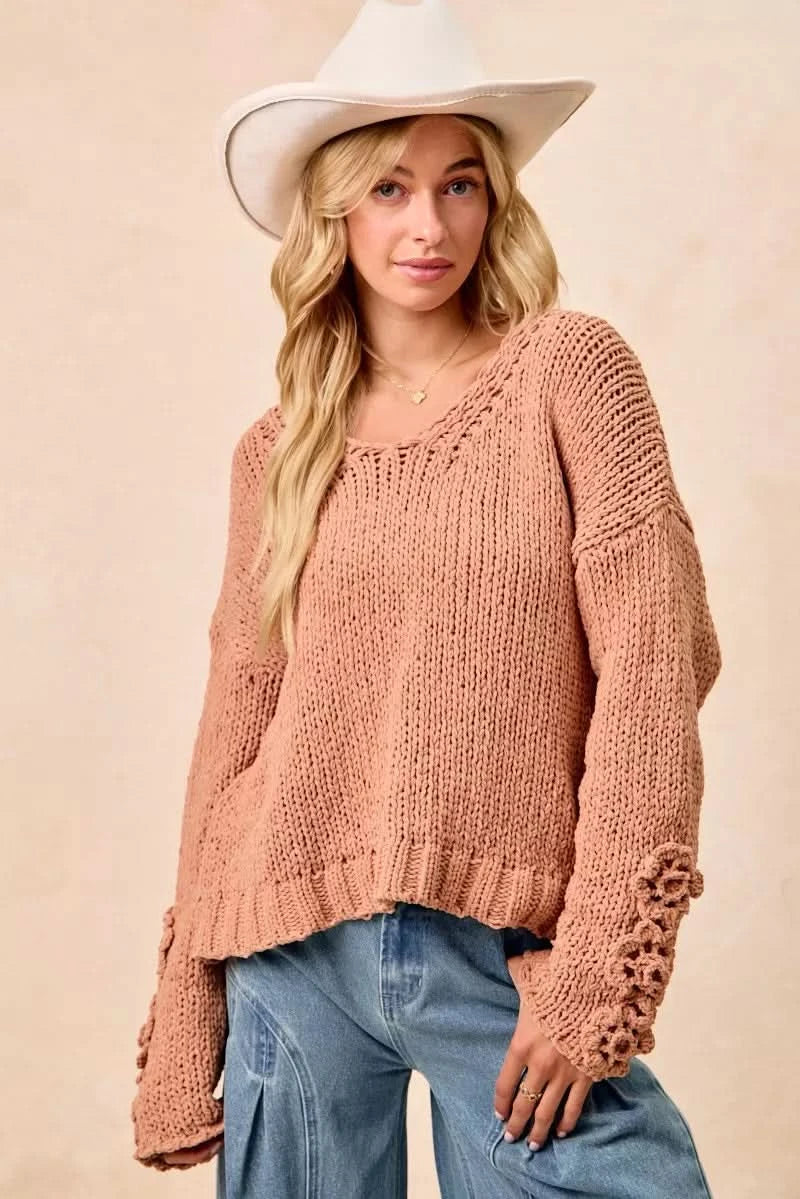 BiBi Chunky Knit Sweater with Flower Detail Sleeves in - photo