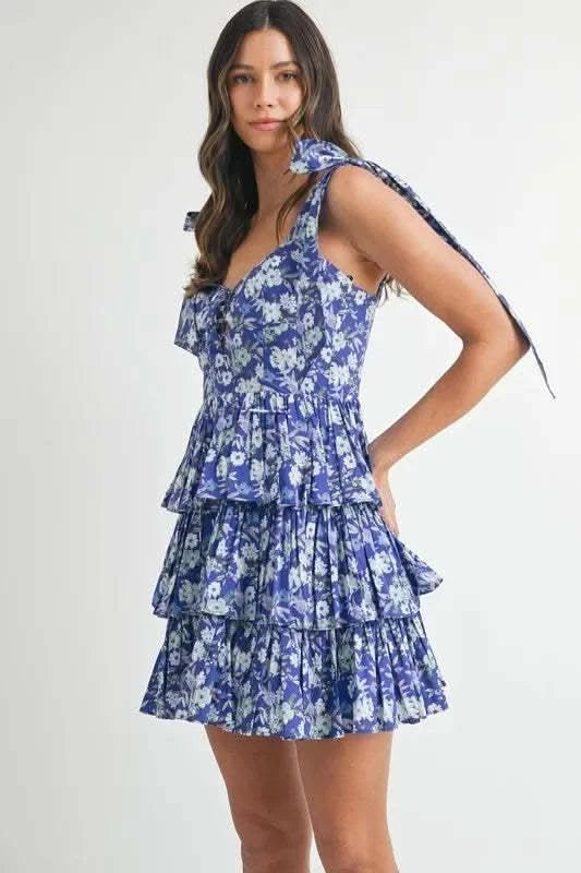MABLE Floral Print Shoulder Tie Layered Mini Dress in - photo