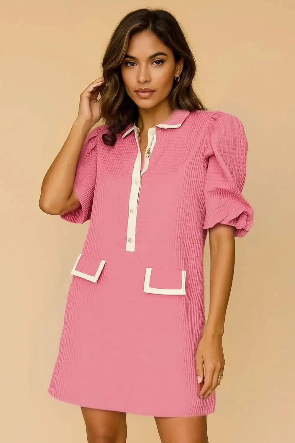 Oh Textured Half Button Puff Sleeve Dress in Pink - photo