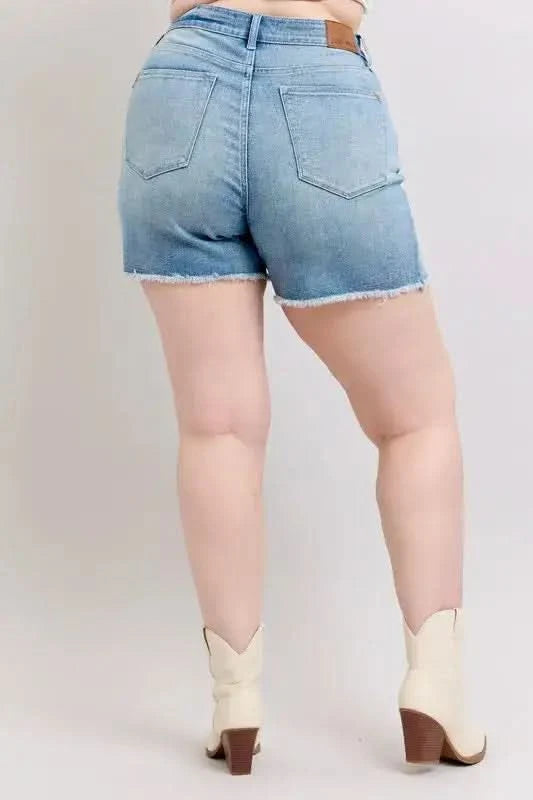 Judy Blue Full Size High Waist Western Embroidery Detail Cut Off Denim Shorts Plus Size in - photo