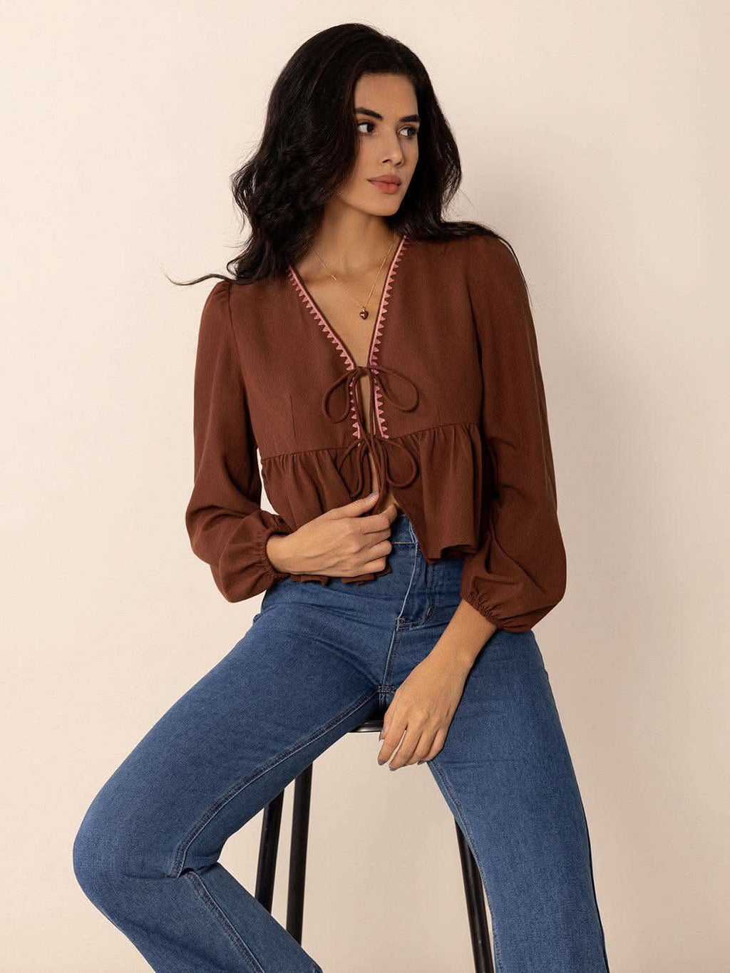 Peplum Tied V-Neck Long Sleeve Blouse - SwagglyLife Home & Fashion