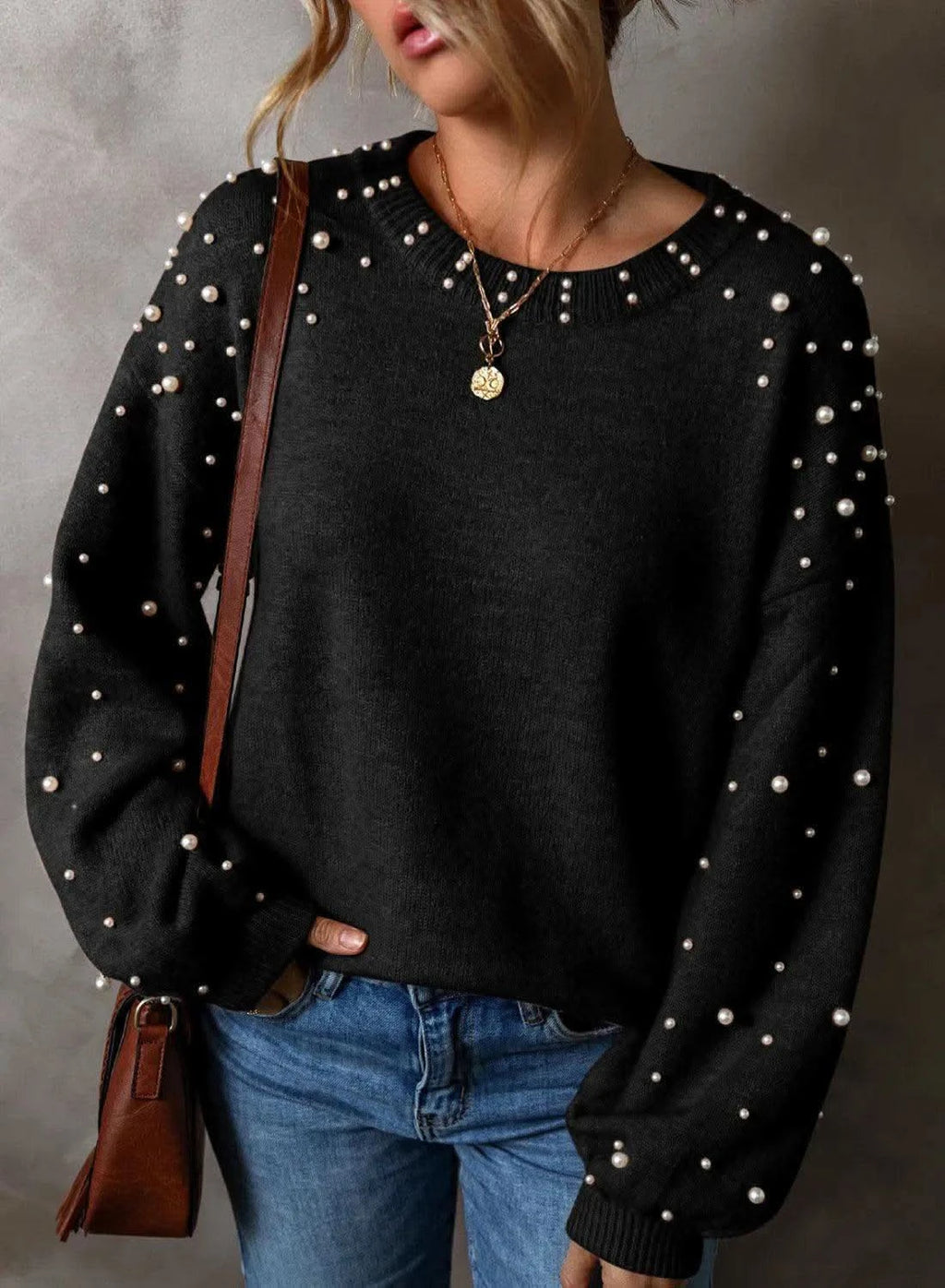 Pearl Detail Round Neck Long Sleeve Sweater - SwagglyLife Home & Fashion
