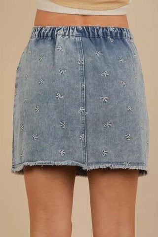 VERY J Bow Printed Casual Denim Mini Skirt - SwagglyLife Home & Fashion VERY J Bow Printed Casual Denim Mini Skirt - SwagglyLife Home & Fashion