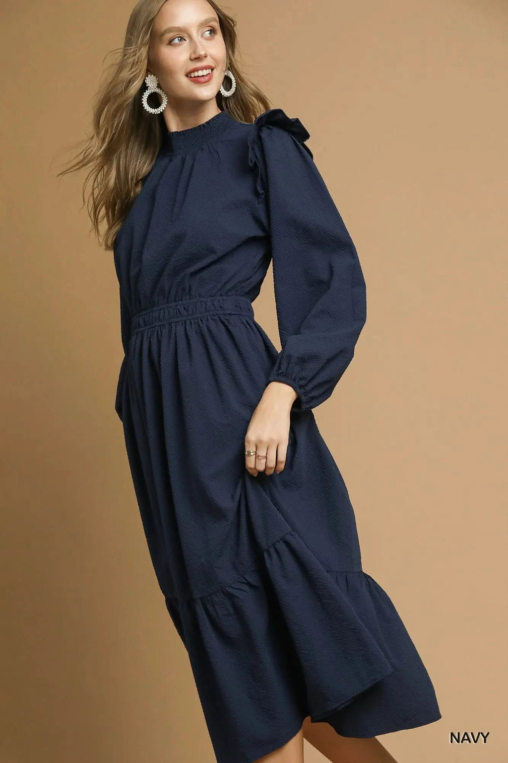 Umgee Textured Midi Dress with Ruffle Shoulder Detail in - photo