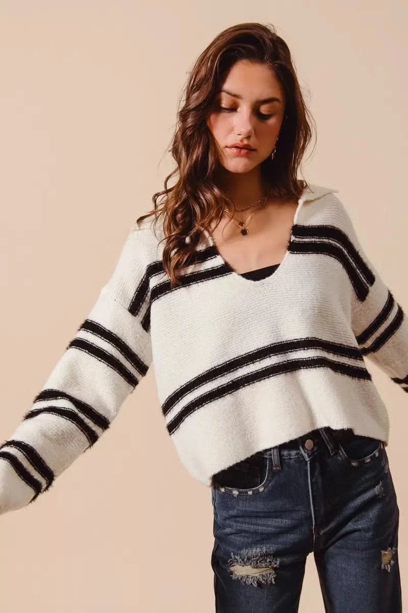 SO ME Fuzzy Hairy Stripe Deep U Neck Sweater in - photo