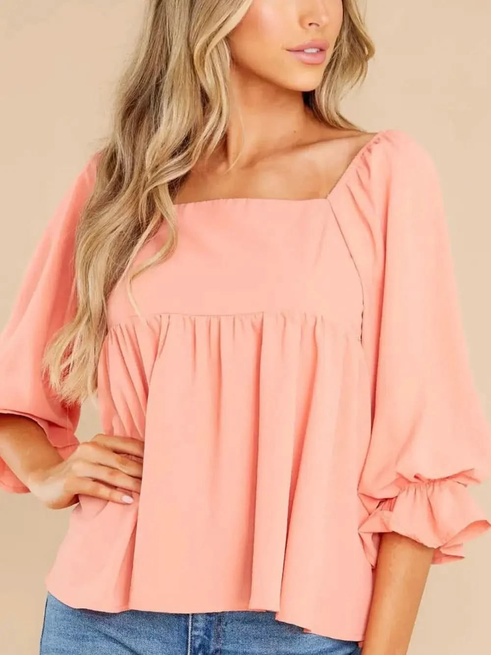 Smocked Square Neck Flounce Sleeve Blouse in - photo