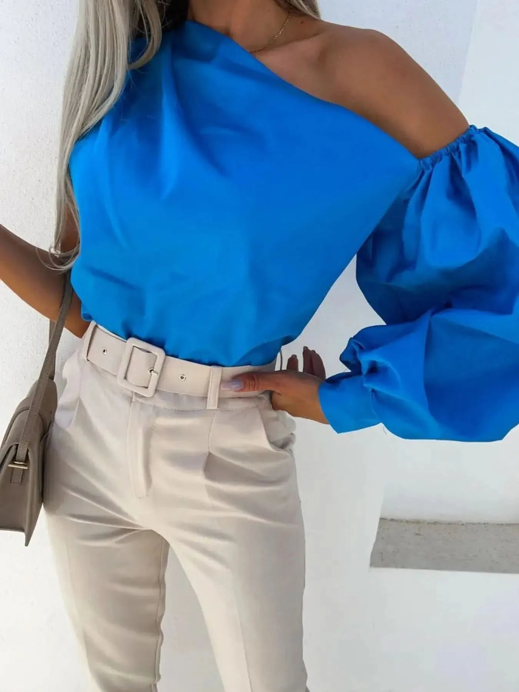 One Shoulder Puff Sleeve Blouse in - photo