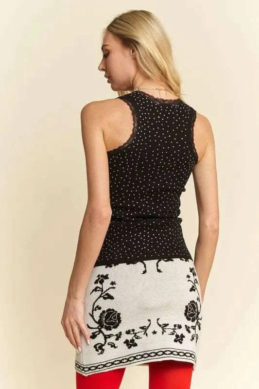 Davi & Dani Rhinestone Lace Trim Detail Tank - SwagglyLife Home & Fashion