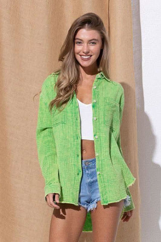 Washing Wrinkled Gauze Button Down Shirt With Rough Edge - SwagglyLife Home & Fashion Washing Wrinkled Gauze Button Down Shirt With Rough Edge - SwagglyLife Home & Fashion