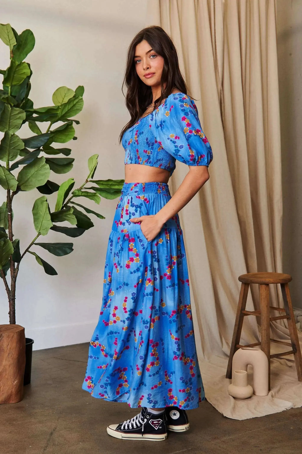 Davi & Dani Smocing Bodice Puff Short Sleeve Printed Crop Top - SwagglyLife Home & Fashion