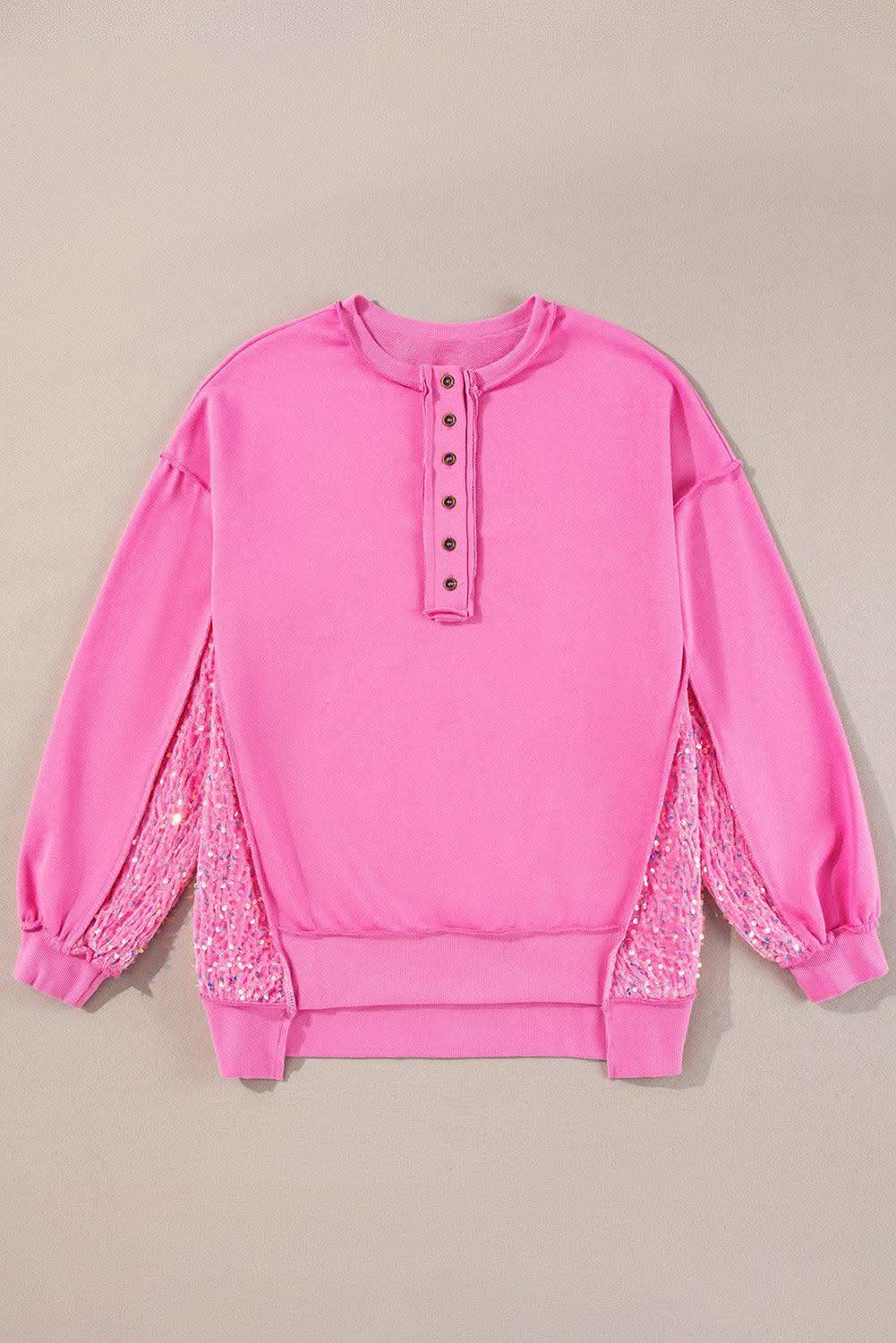 Sequin Half Button Long Sleeve Sweatshirt - SwagglyLife Home & Fashion