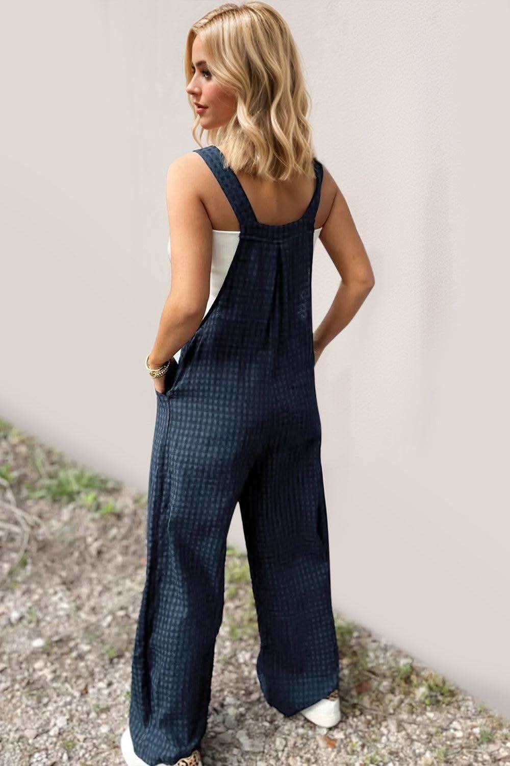 Oh Full Size Plaid Wide Leg Overalls with Pockets in - photo
