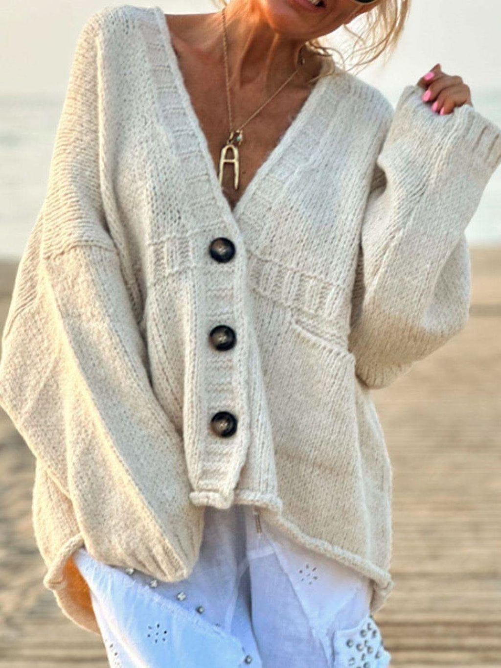 Pocketed V-Neck Button Up Cardigan in Beige - Cardigans photo