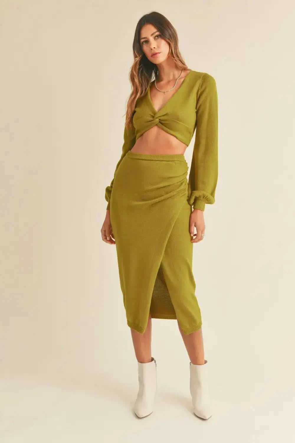 MABLE Front Twisted Knit Top and Midi Skirt Set in Moss Green - photo