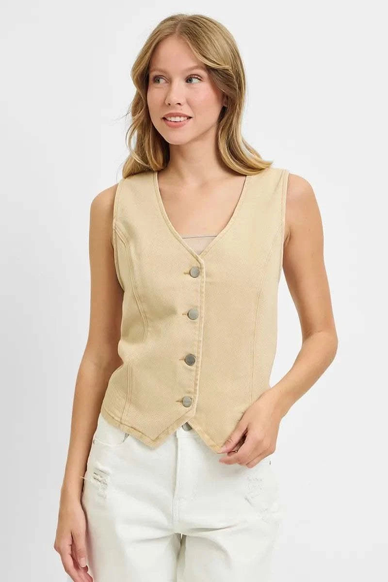 RISEN Full Size V Neck Button Down Vest Plus Size in Latte - photo