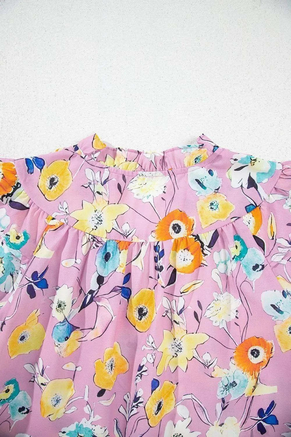 Printed Notched Double Layered Ruffle Sleeve Blouse - SwagglyLife Home & Fashion