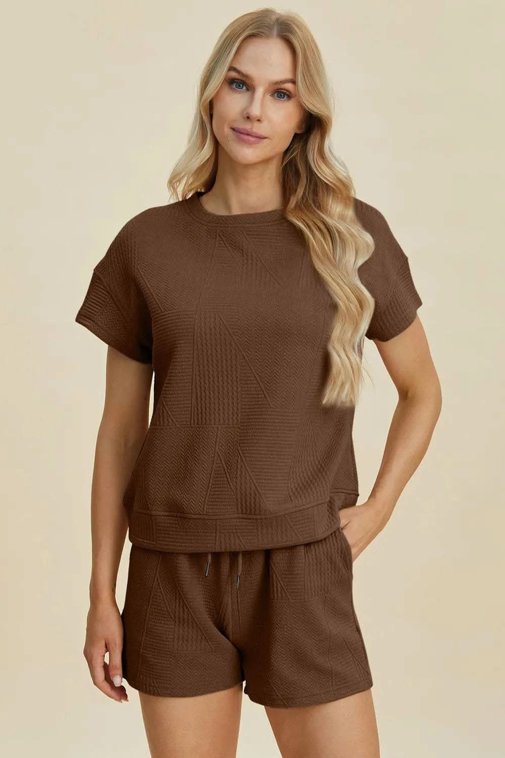 Double Take Full Size Texture Short Sleeve Top and Shorts Set - SwagglyLife Home & Fashion