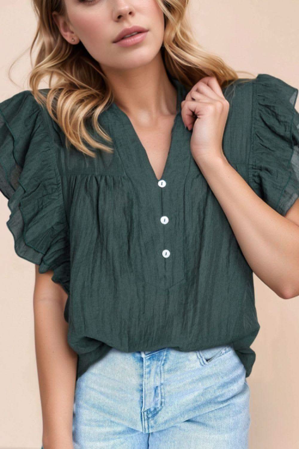 Frilled Notched Ruffled Cap Sleeve Blouse in Dark Green - tops photo