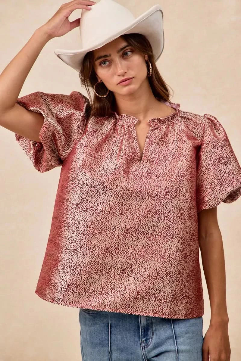BiBi Jacquard Woven Short Balloon Sleeves V Neck Top in - photo