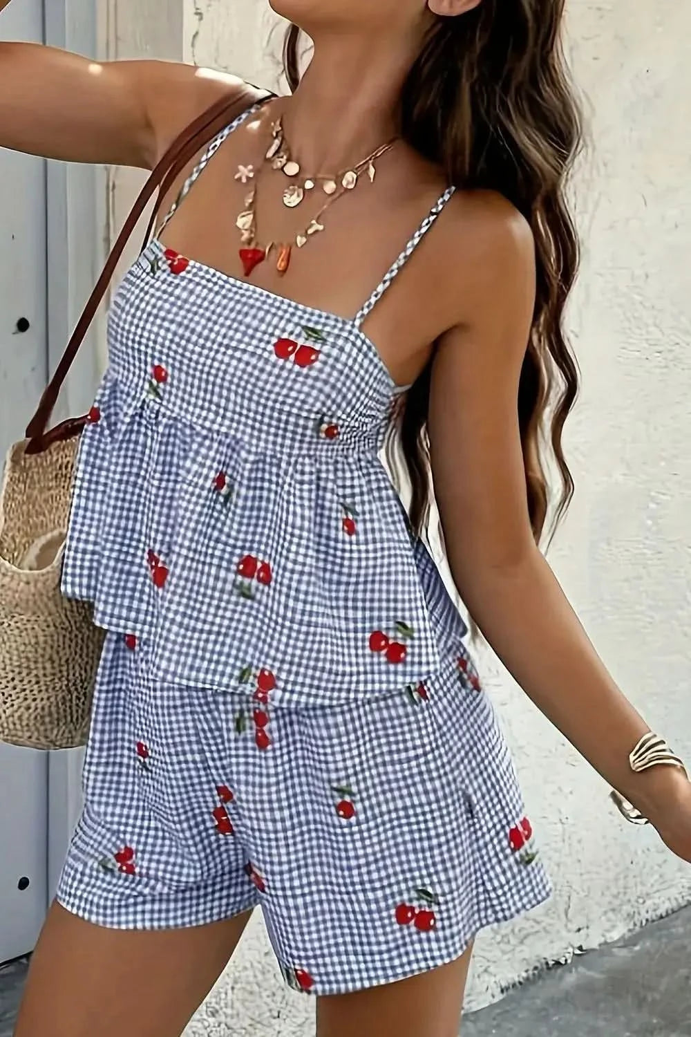 Floral Gingham Print Cami and Shorts Two-Piece Set in - Outfit Sets photo
