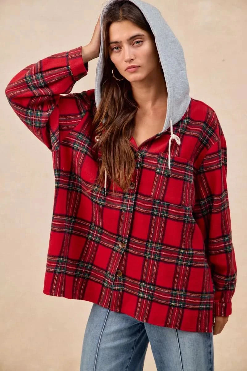 BiBi Brushed Plaid Hooded Jacket in - photo