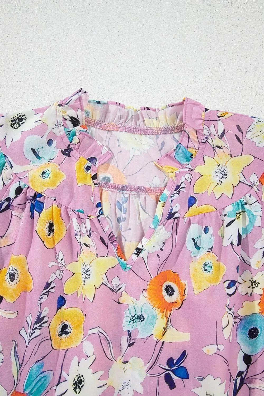 Printed Notched Double Layered Ruffle Sleeve Blouse - SwagglyLife Home & Fashion