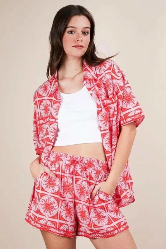VERY J Full Size Tropical Printed Shirt Top and Shorts Set Plus Size in - photo