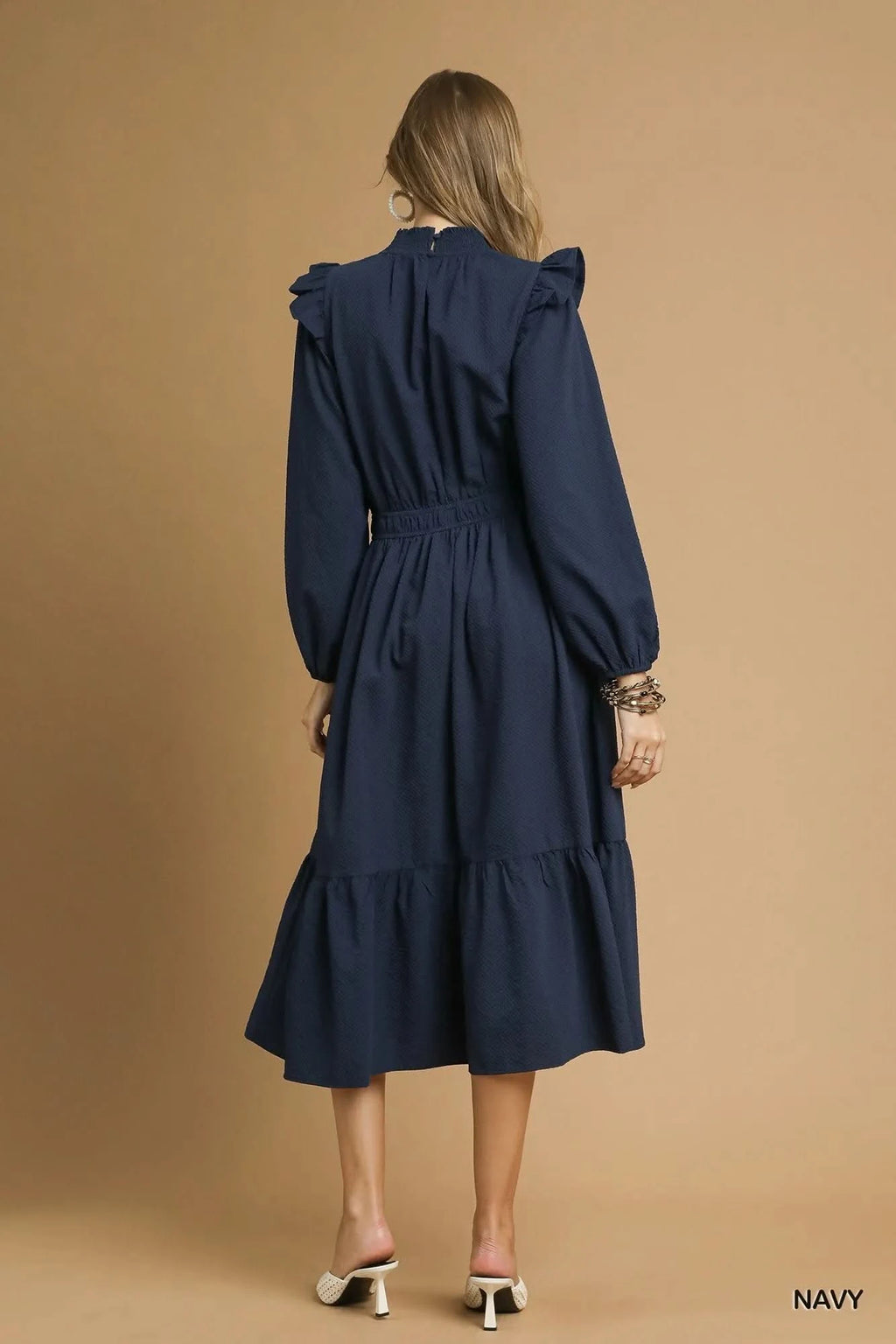 Umgee Textured Midi Dress with Ruffle Shoulder Detail in - photo
