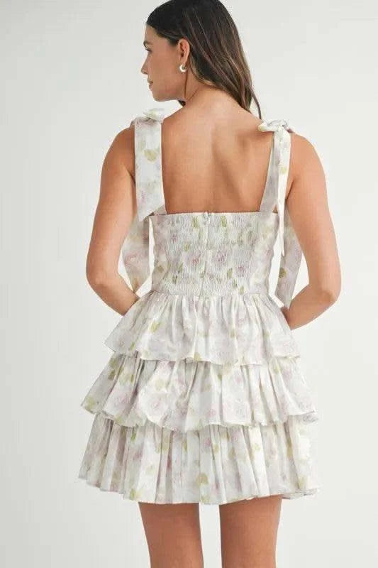 MABLE Floral Print Shoulder Tie Layered Mini Dress in - photo