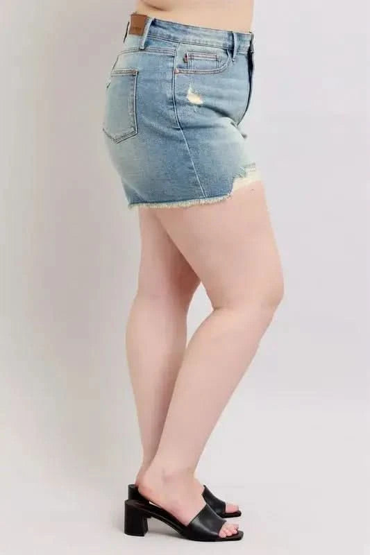 Judy Blue Plus Size High Rise Washed Fly Stitch Detail and Destroy Denim Shorts - SwagglyLife Home & Fashion