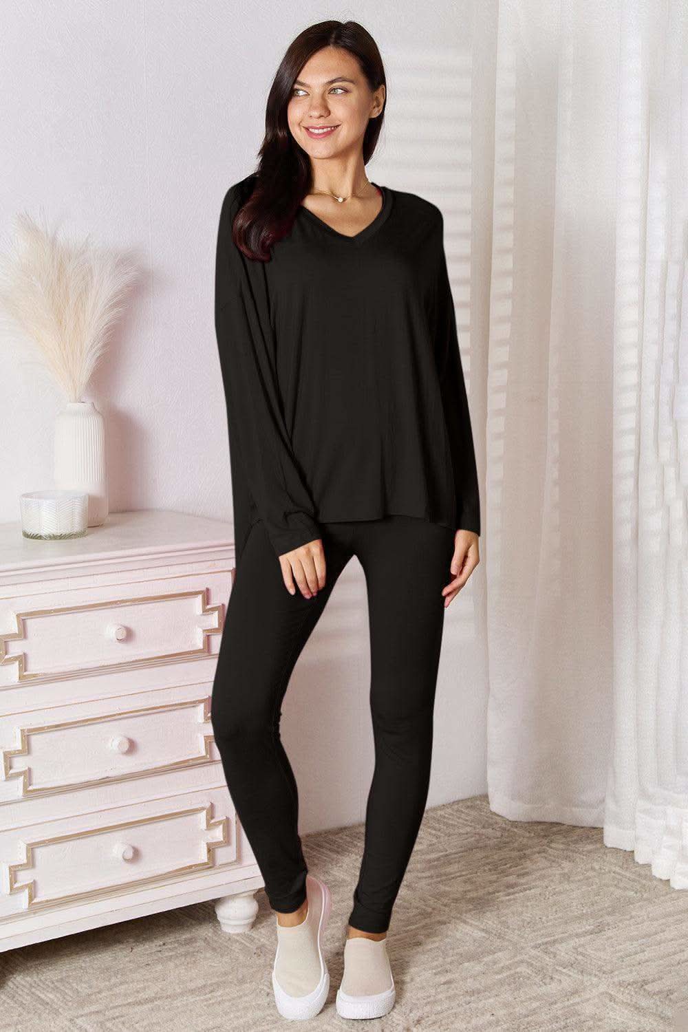 Basic Bae Full Size V-Neck Soft Rayon Long Sleeve Top and Pants Lounge Set in Black - Loungewear photo