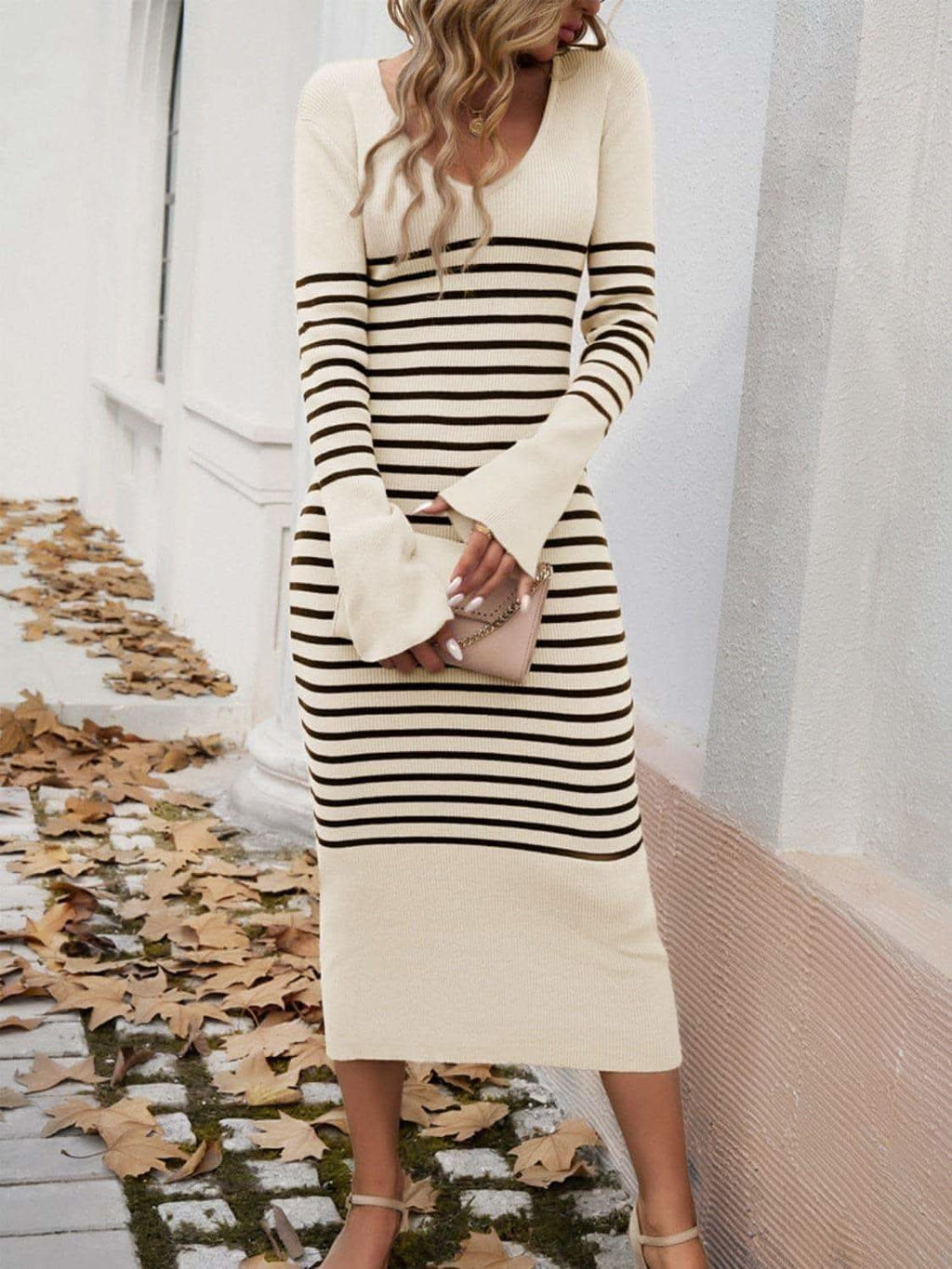 Krista Striped V-Neck Long Sleeve Sweater Dress in - Dresses photo